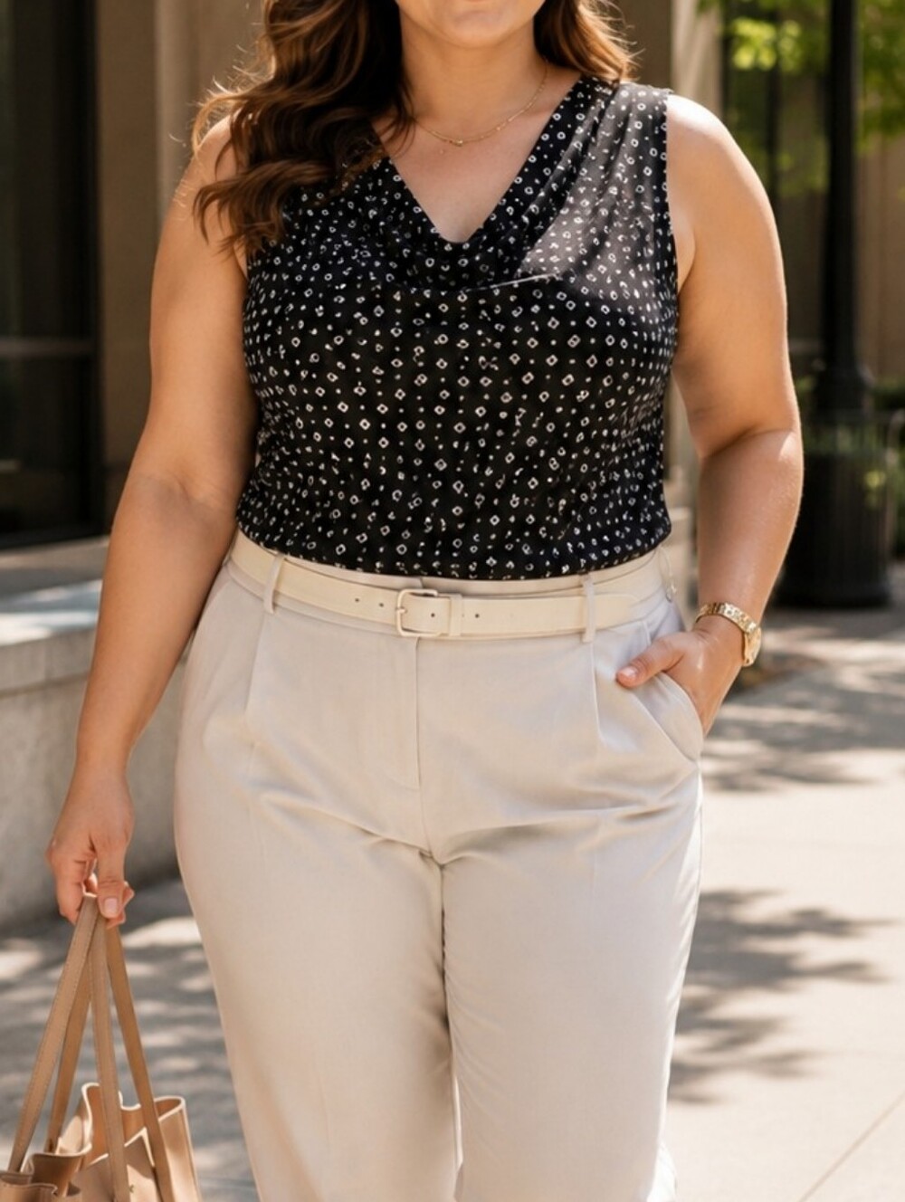 Jessica Black Diamond Print Sleeveless Cowl Neck Top Career Chic Office Blouse
